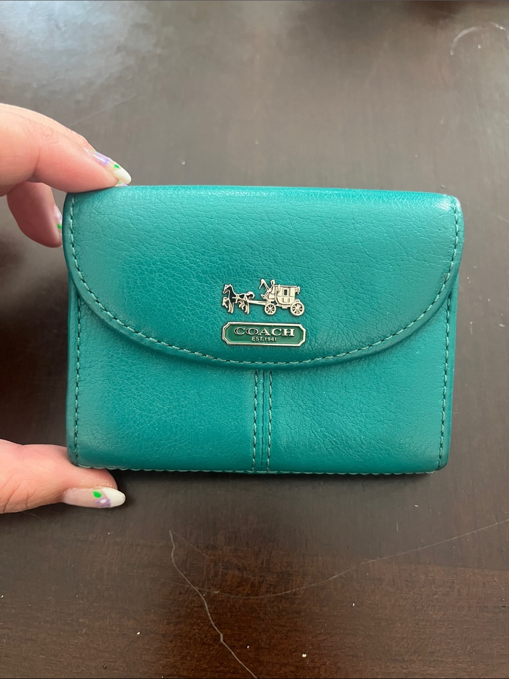 Vintage Coach Teal Green Leather Card Case with Silver Logo